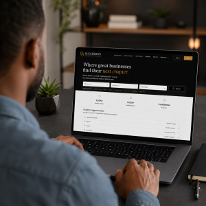 Buyer reviewing business listings on the Succession website on a laptop