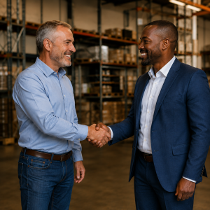 Seller and buyer shaking hands to close the deal in a warehouse