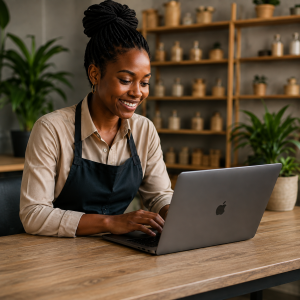 Business owner smiling while listing her business online on a laptop