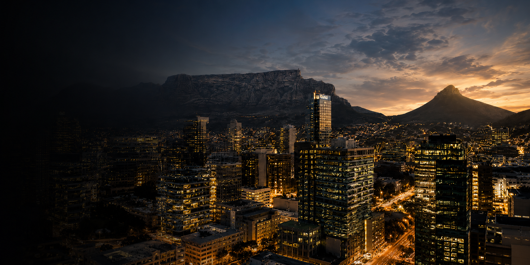 Cape Town city skyline with Table Mountain at dusk
