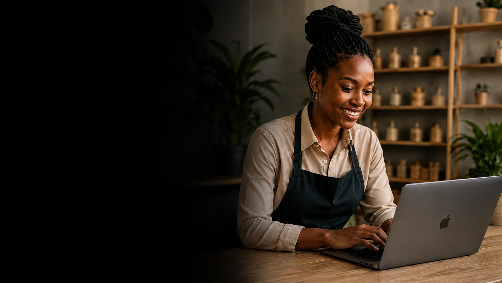 Business owner smiling while listing her business online on a laptop